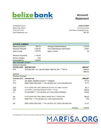 Printable Belize Belizebank bank statement excel version 2 example